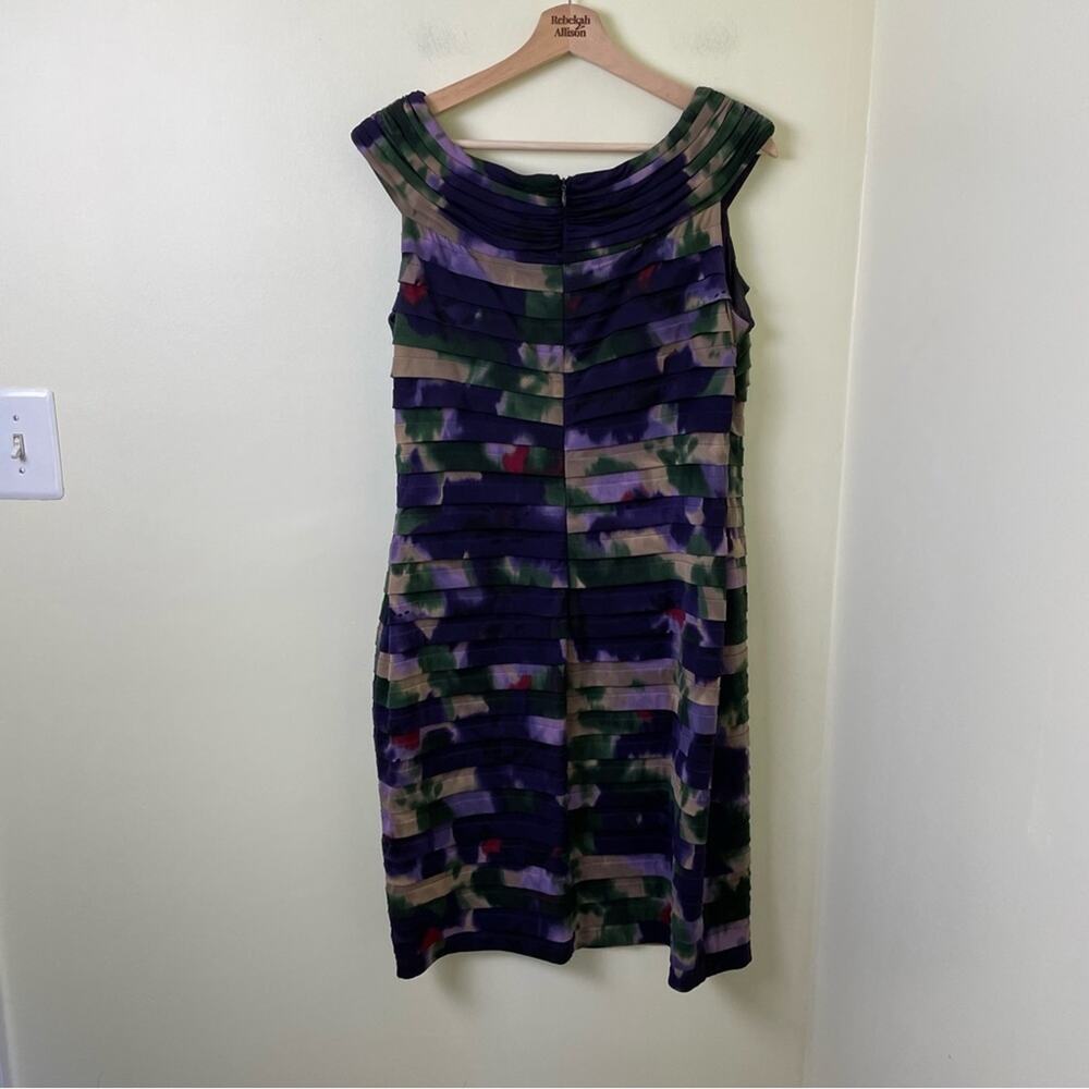 Adrianna Papell Shutter Pleated Sheath Dress with Flowers in Purple Floral SZ 14 - Picture 5 of 10